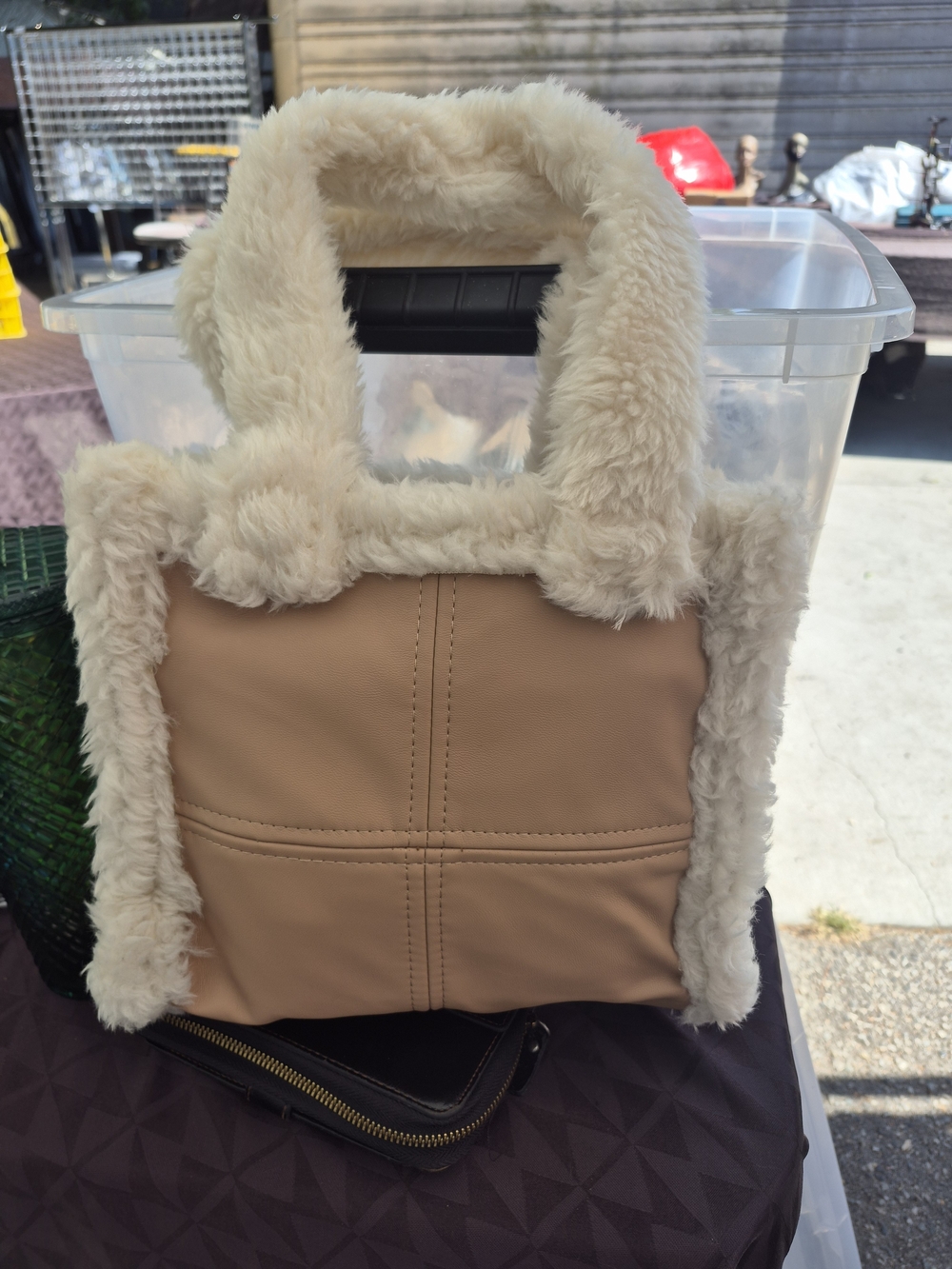 Faux Shearling Trim Beige Tote Bag - Unbranded